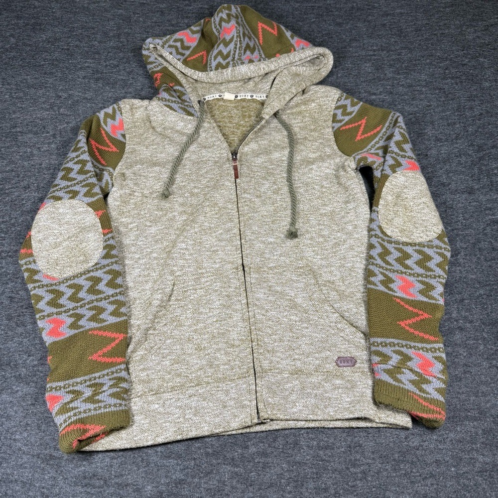 Roxy Womens S Full Zip Hoodie Marled Knit Sleeve Elbow Patch Olive Green